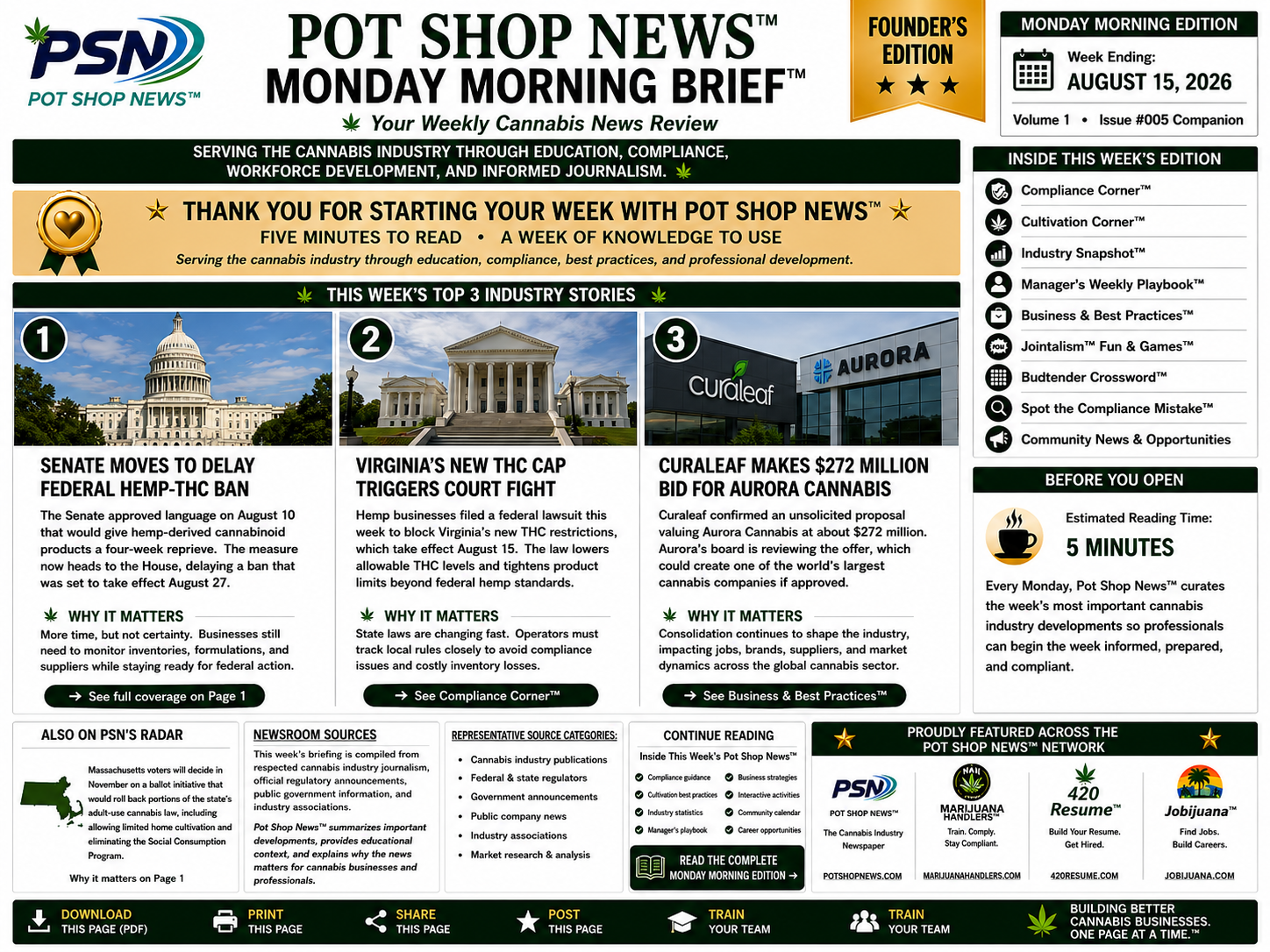 Pot Shop News Monday Morning Brief for the week ending August 17, 2026