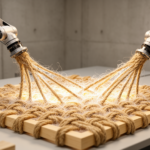 Robots braid hemp rope into mold-free building panels bound by living fungus